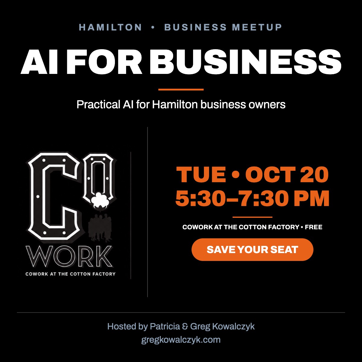 AI for Business Hamilton business meetup — Tuesday October 20, 5:30 to 7:30 PM at CoWork at the Cotton Factory, free to attend